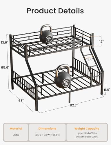 Full Over Full Bunk Bed with Trundle, Heavy Duty Metal Bed Frame with Full-Length Guardrails & Ladder, 3-in-1 Convertible Full Bunk Bed, Noise-Free, No Box Spring Needed, Black