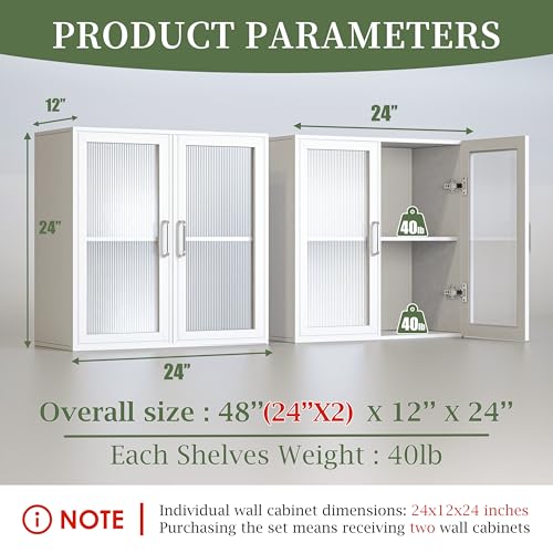 FIMELLO 24’’ Bathroom Wall Cabinet Set of 2 with LED, Laundry Room Cabinets Storage, Kitchen Cabinets with Adjustable Shelf Acrylic Glass Doors, Medicine Cabinets for Bathroom, Black Bathroom Cabinet