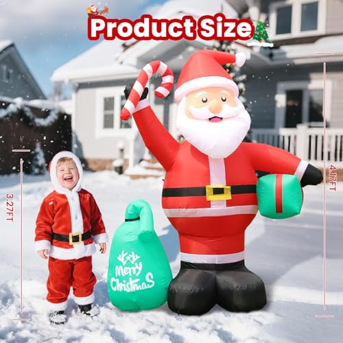 Christmas Decorations Inflatables, 4.2FT Inflatable Santa Claus with Candy Cane and Gift Bag, Built-in LED Light and Blow Up Xmas Holiday Decor for Garden Lawn Yard Bistro Outdoor and Indoor