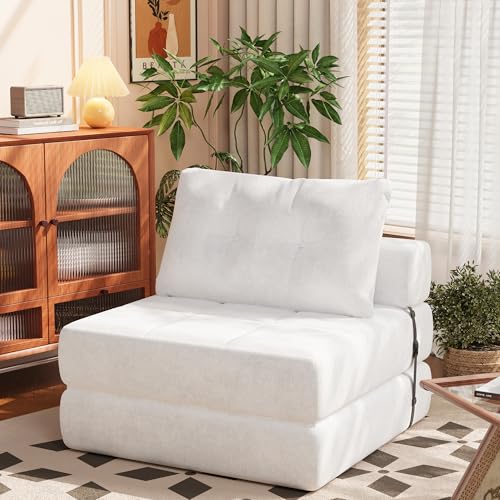 Homall Folding Sofa Bed, Convertible Sleeper Sofa Couch with Headrest & Lumbar Pillow, Chenille Fabric Chair Bed, Single Futon Mattress for Living Room, Apartment, Office (White)