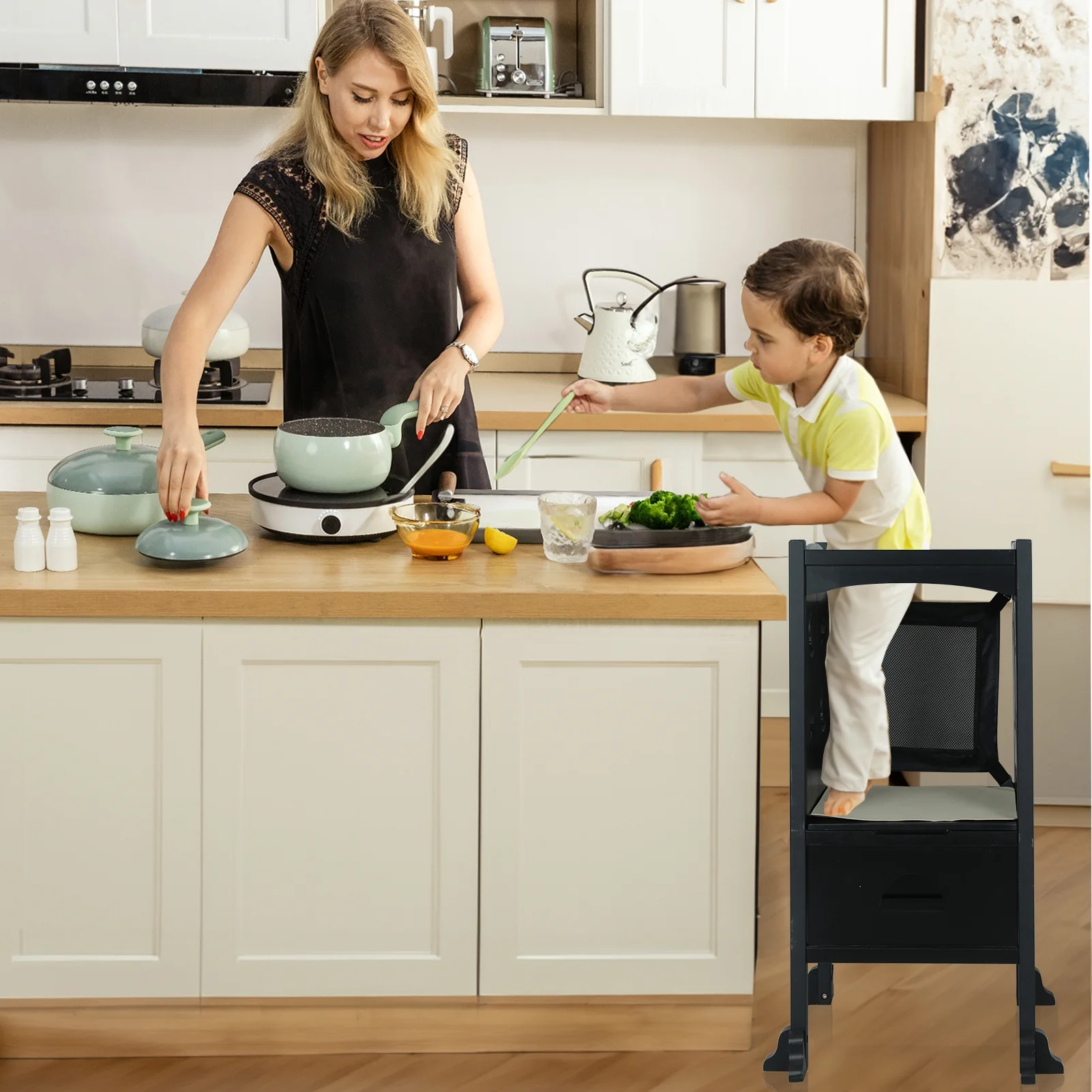 Fionafurn Wooden Kitchen Step Stool, Folding Toddler Stool Counter Kids Kitchen Step Stool,Black