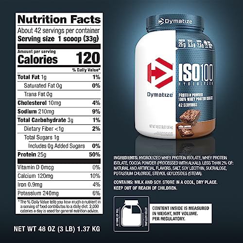 Dymatize ISO100 Whey Protein Powder Isolate, Cookies & Cream, 25g of Protein, 20 Servings, 5.5g BCAAs, Less Than 120 Cal., Gluten Free, 1g Fat, 1g Sugar, 2g Carb