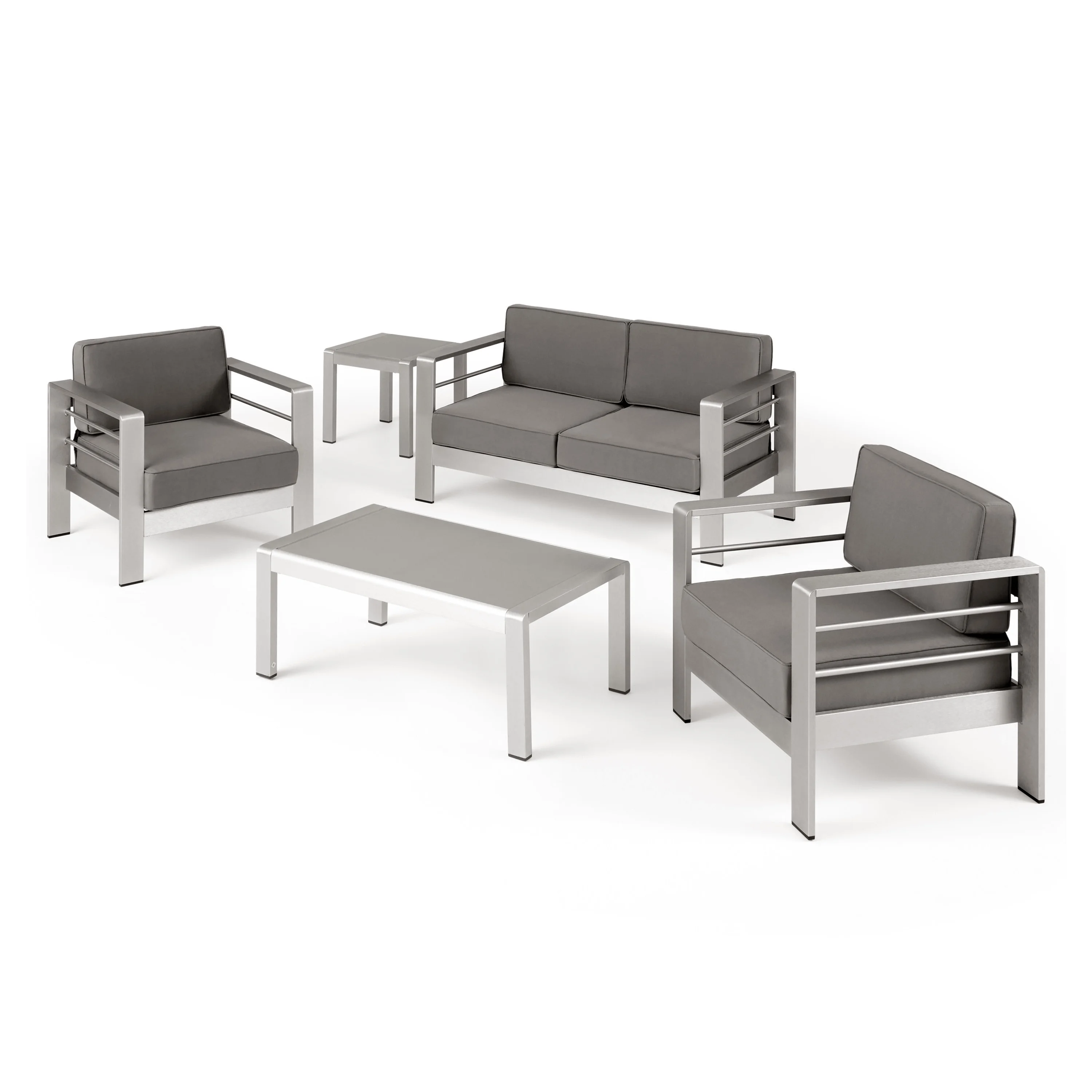 Miller Coral Outdoor 4 Seater Aluminum Chat Set with Side Table, Silver and Khaki