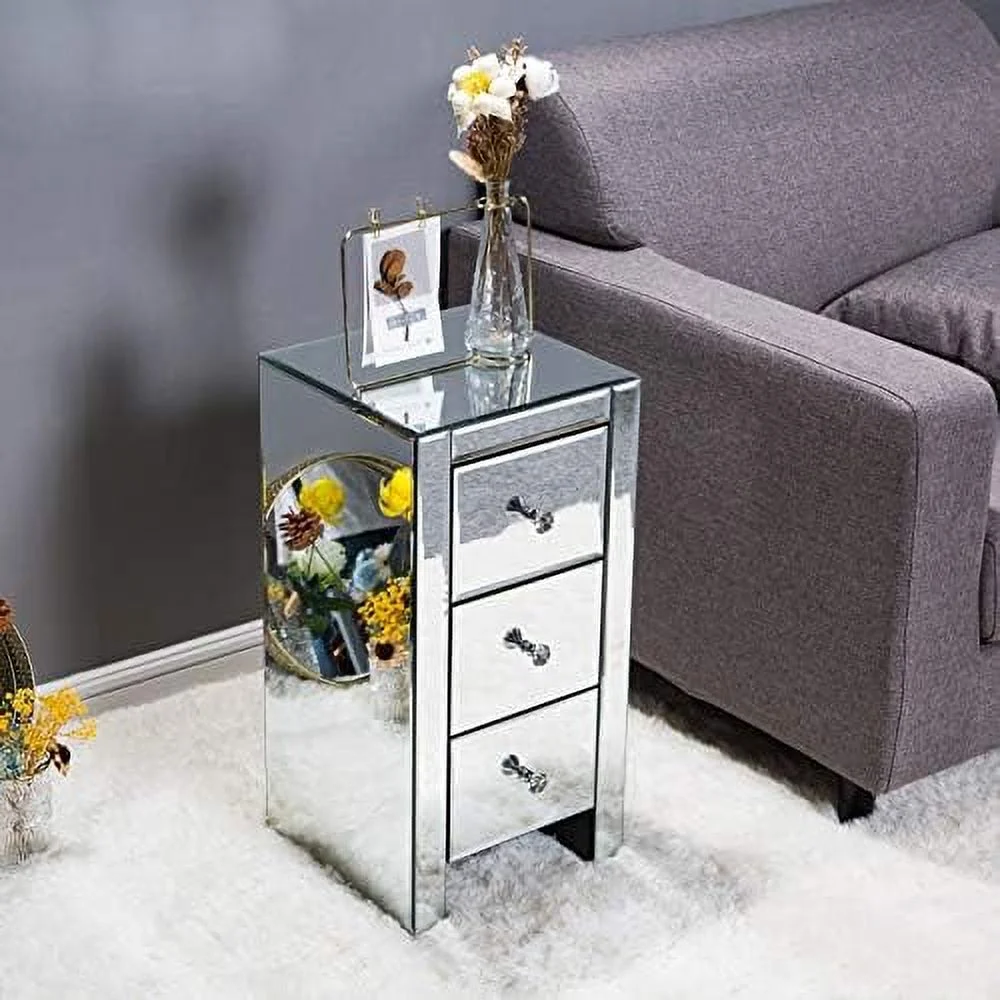 RUNFAYBIU Mirrored Nightstand  Mirrored End Table with 3 Drawers and Crystal-Style Knobs   Mirrored Bedside Table for Bedroom  Living Room  Small Place  Silver  11.81" L x 11.81"