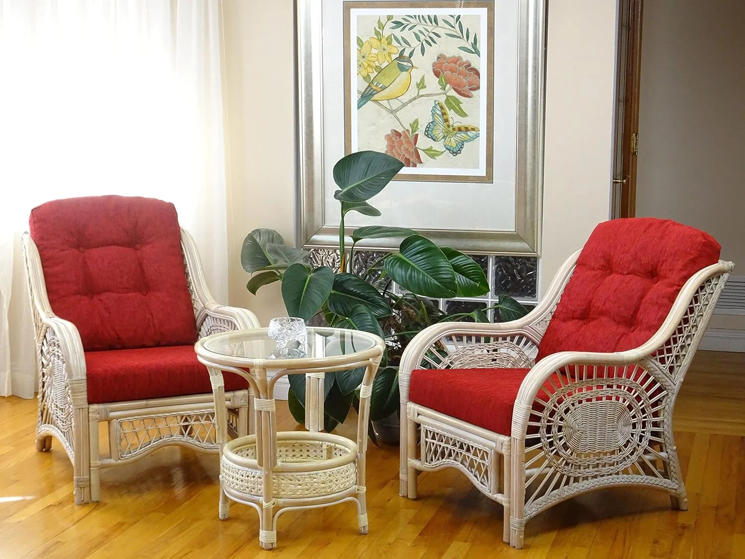 TJUNBOLIFE Pelangi Handmade Rattan Round Wicker Coffee Table with Glass  White Wash