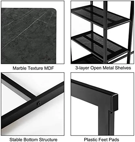 KHBIULIFE 3-Piece Dining Set  Compact 2 Chairs and Table Set  Kitchen Set with Rectangular Faux Marble  3 Metal  Shelves  Fashionable Simple Style  Kitchen Counter Height Table Set (Black