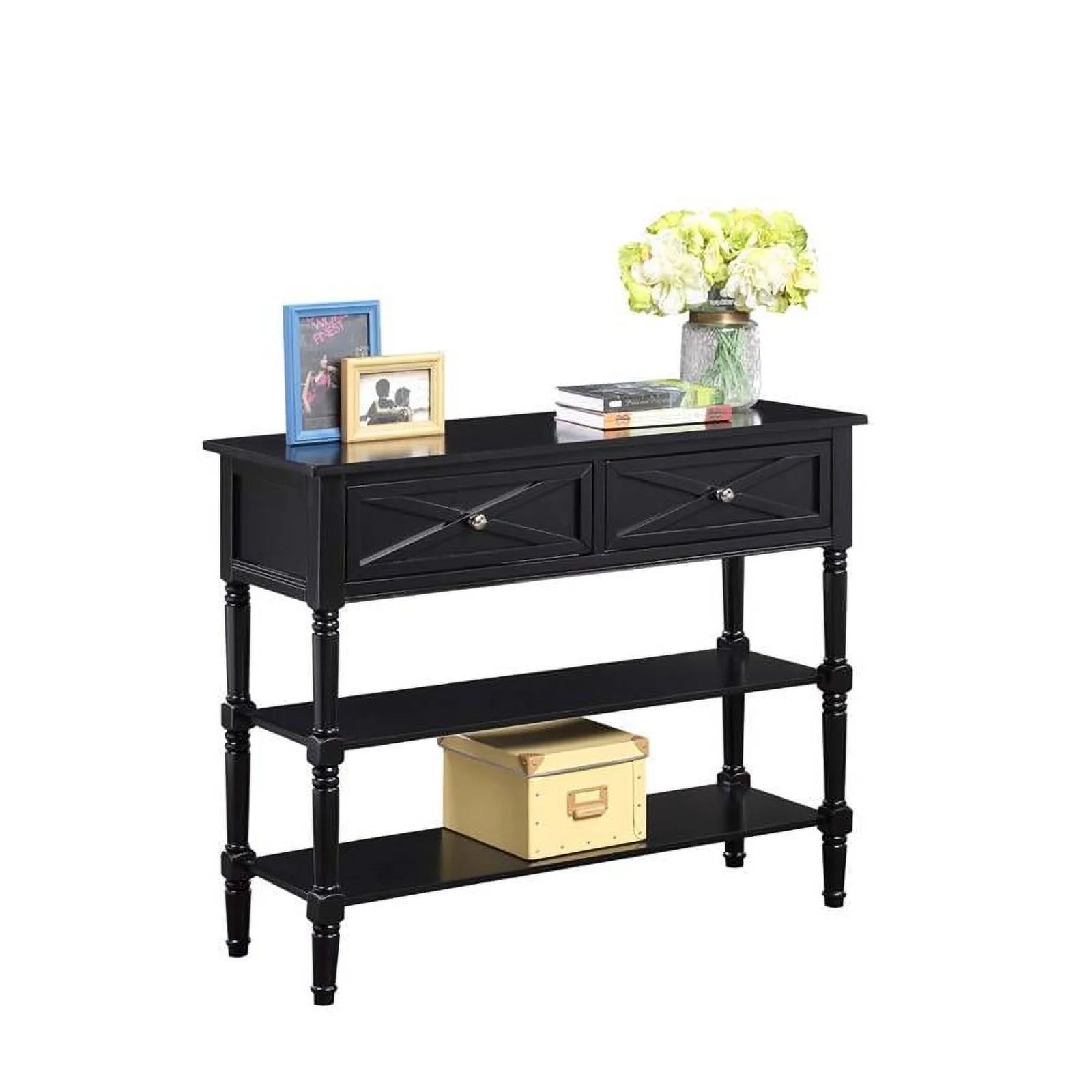 Pemberly Row Farmhouse 2 Drawer Console Table in Black Wood Finish