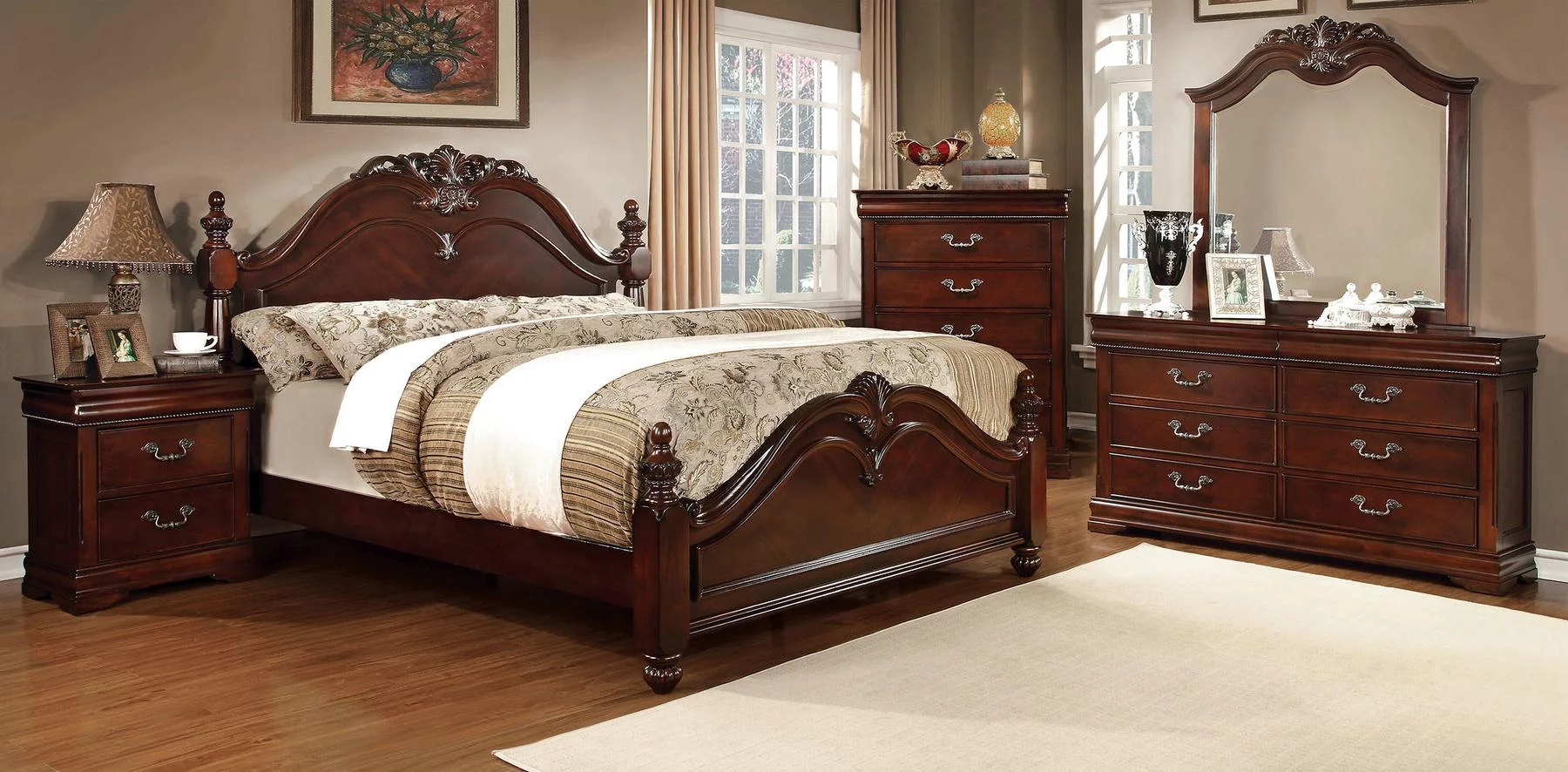 Traditional Cherry Solid Wood Queen Bedroom Set 5pcs FOA CM7260-Q Mandura
