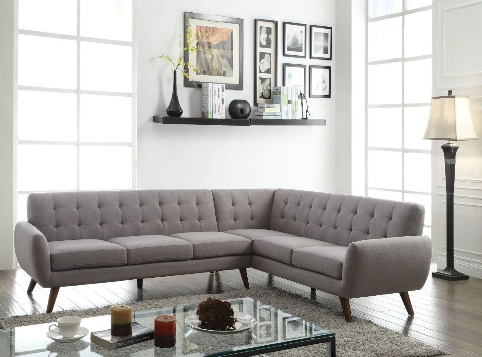 Contemporary Living Room 2pc Sectional Sofa Love Wedge Light Gray Fabric Tufted Back Cushion Flared Arm Style Furniture