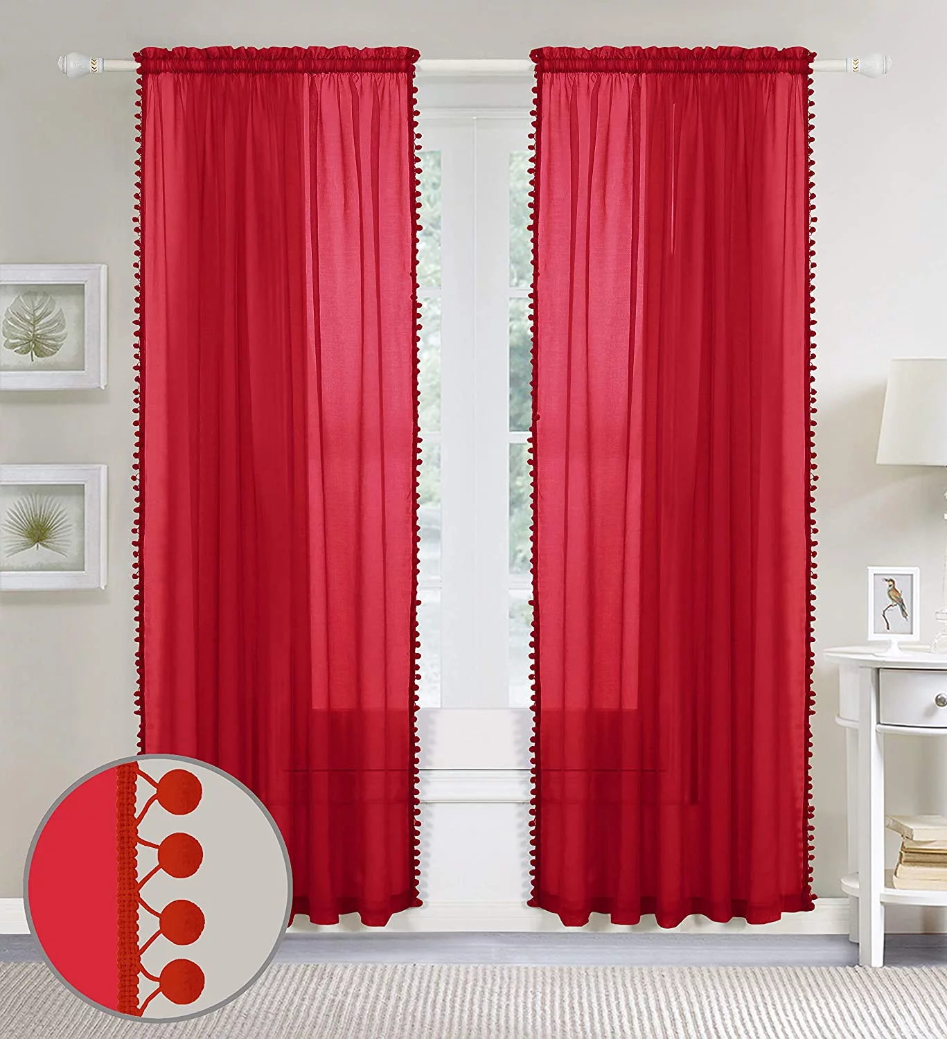 Elegant Comfort Semi-Sheer Curtains with Pom Pom Tassels - 2 Piece Set - 2 inch Rod Pocket - Solid Sheer Curtain Drapes for Living Room, Bedroom, 60 X 84, Red