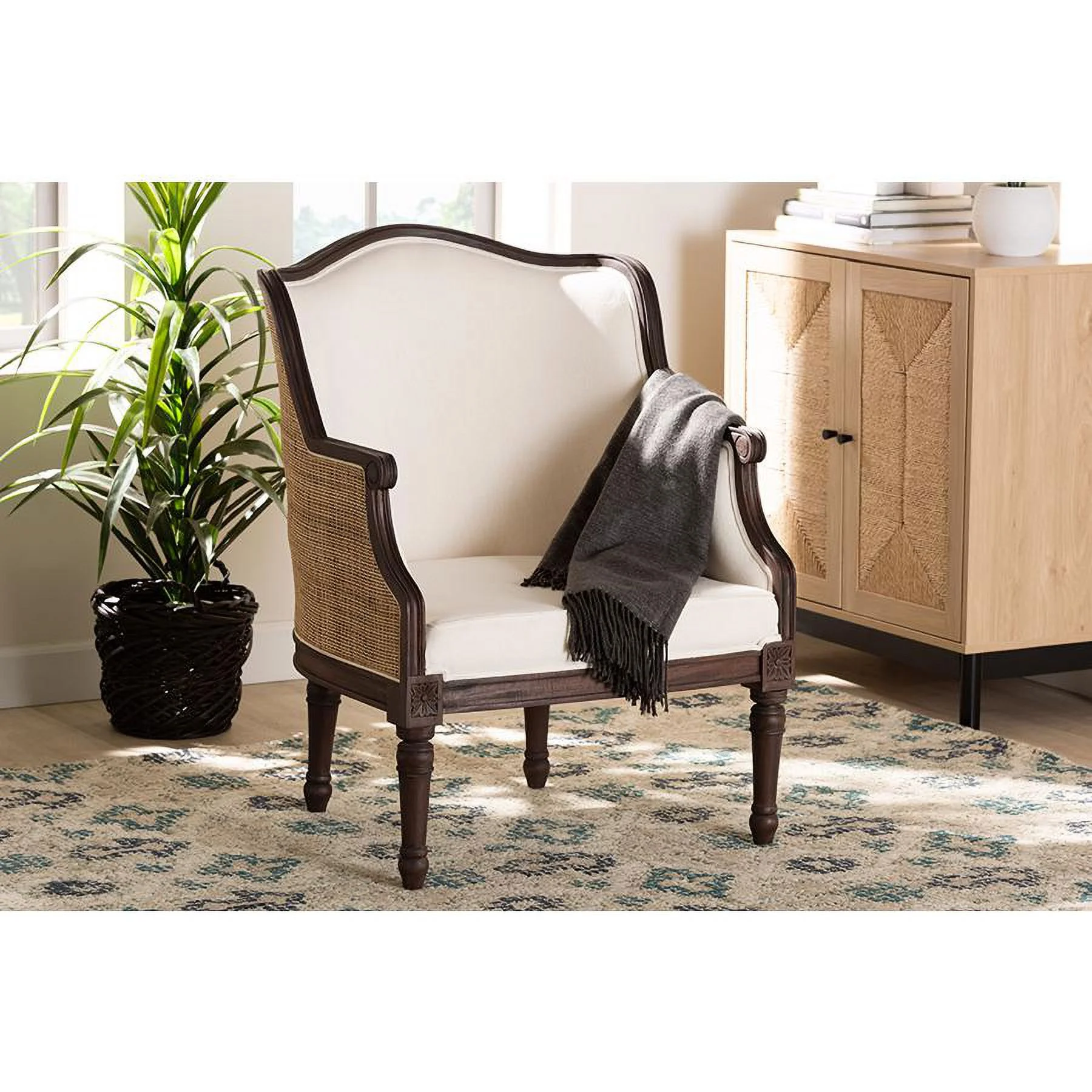 bali & pari Ornella Traditional French Beige Fabric and Dark Brown Finished Wood Accent Chair