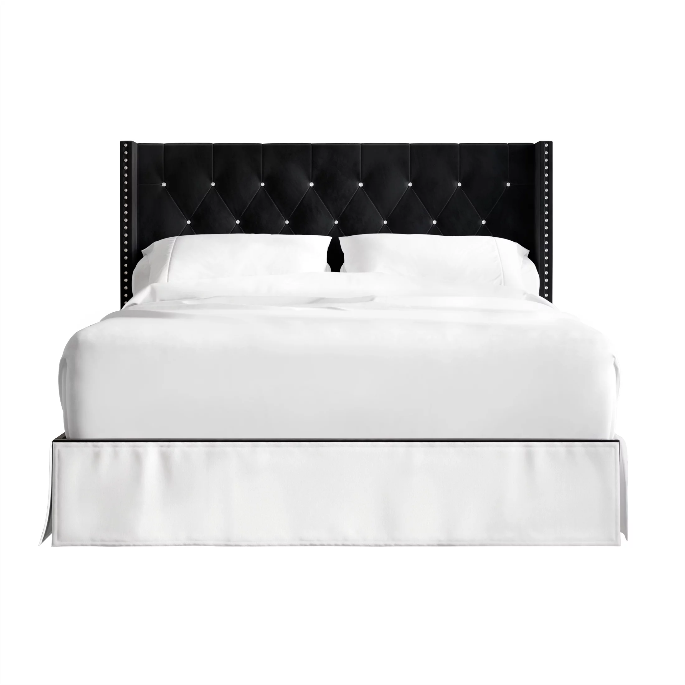 Castle Place Button Tufted Wingback Velvet Upholstered Bed, Black, Full