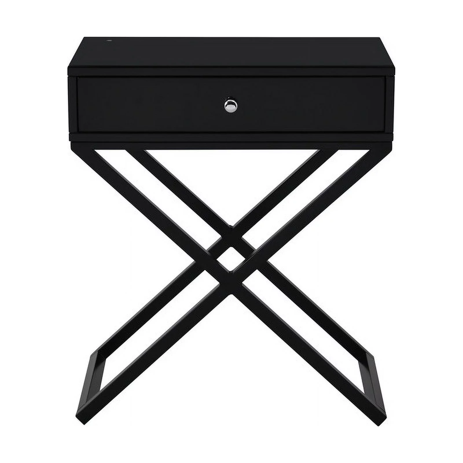 Modern Wooden Nightstand with Drawer,Side End Table with Glass Top and Metal X-Base Legs,Black