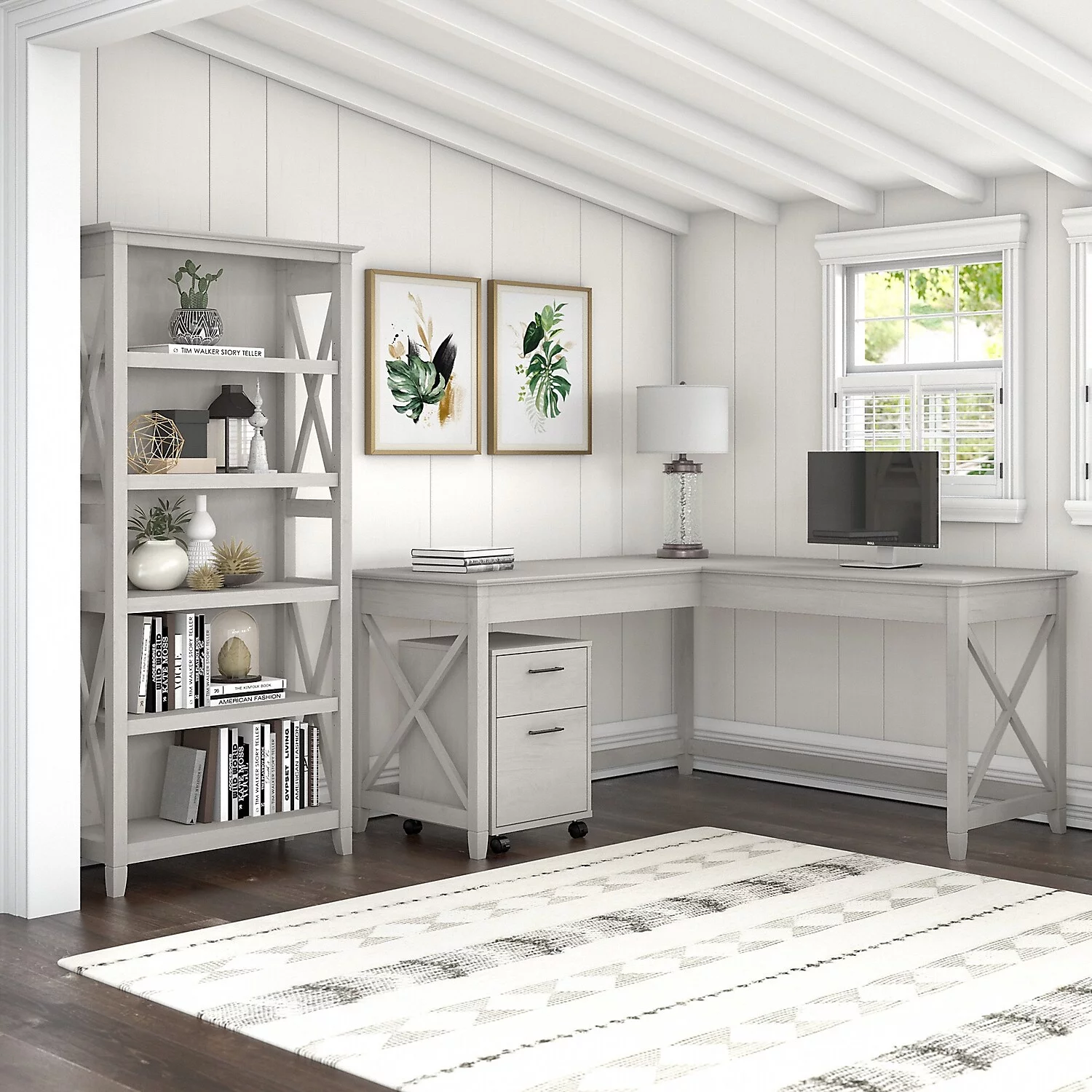 Key West 60W L Shaped Desk with Drawers and Bookcase in White - Engineered Wood