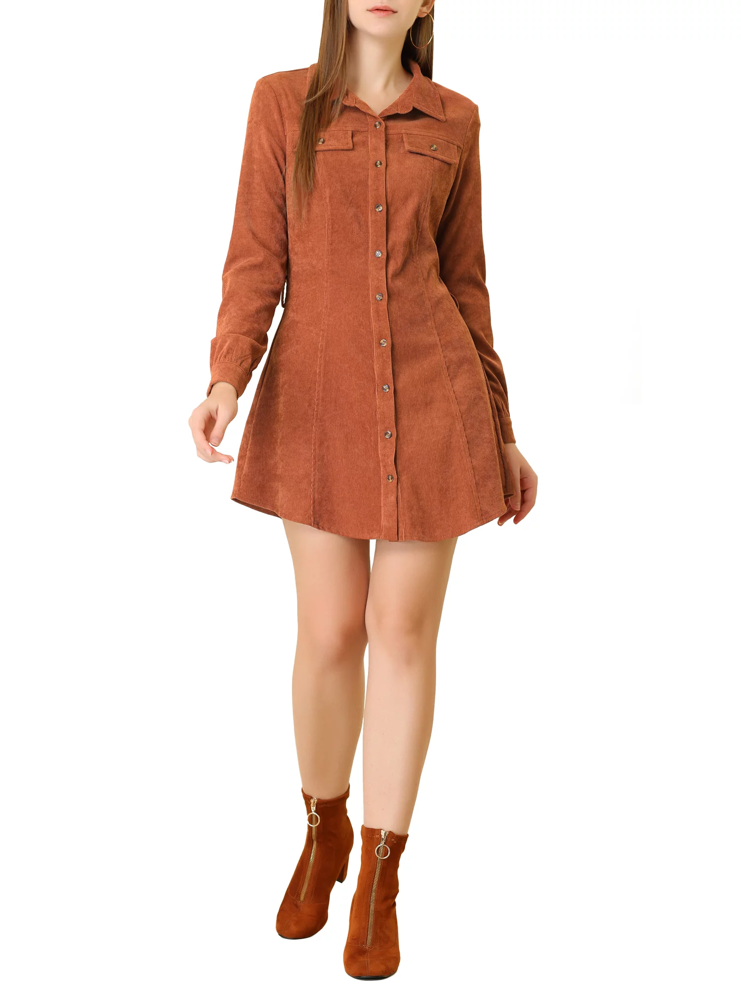 Allegra K Women's Safari Point Collar Button Down Belted Corduroy Shirt Dress