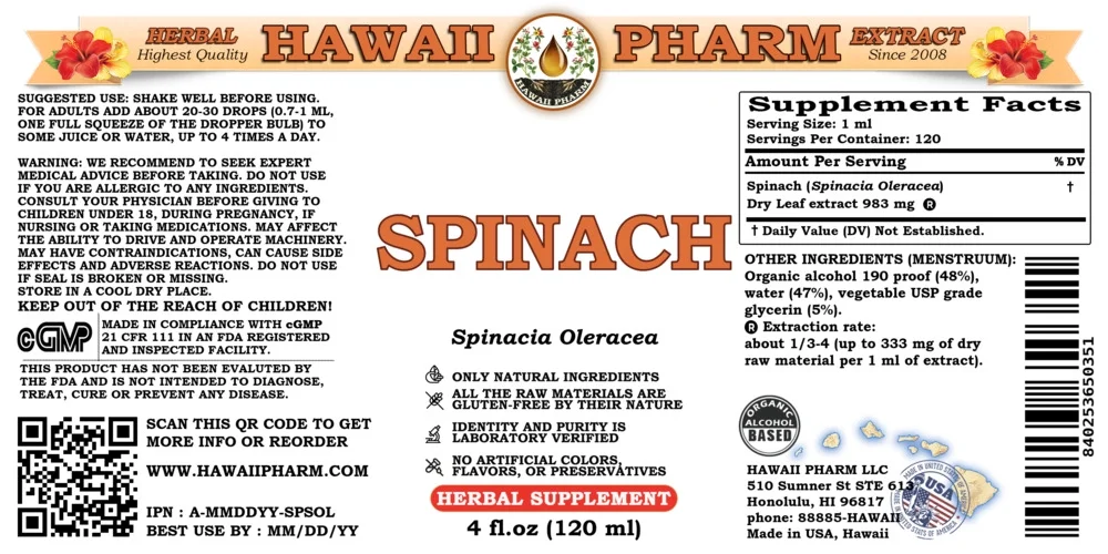 Spinach (Spinacia Oleracea) Dry Leaf Liquid Extract. Expertly Extracted by Trusted HawaiiPharm Brand. Absolutely Natural. Proudly made in USA. Tincture 4 Fl.Oz