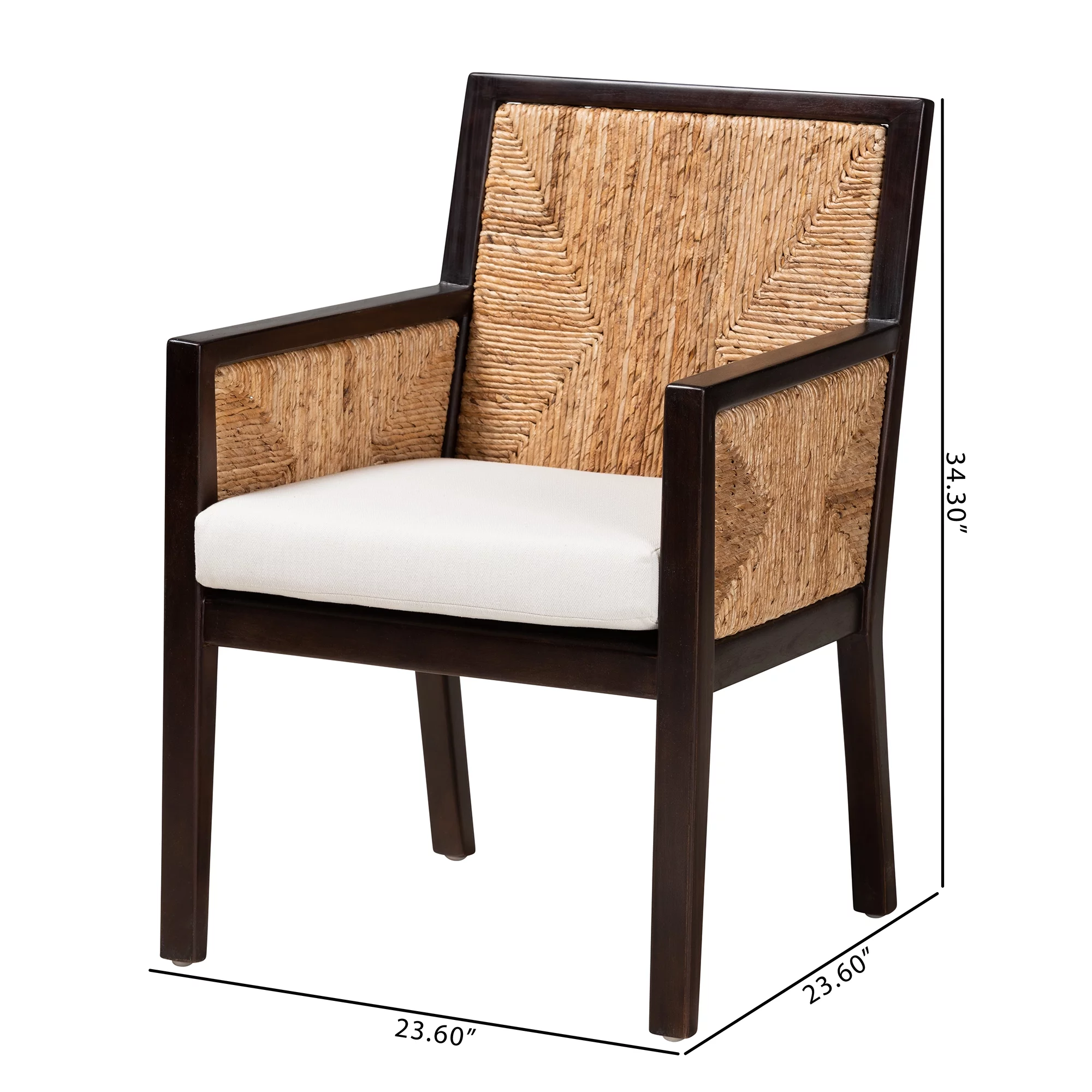 bali & pari Joana Modern Bohemian Dark Brown Mahogany Wood and Natural Abaca Dining Arm Chair