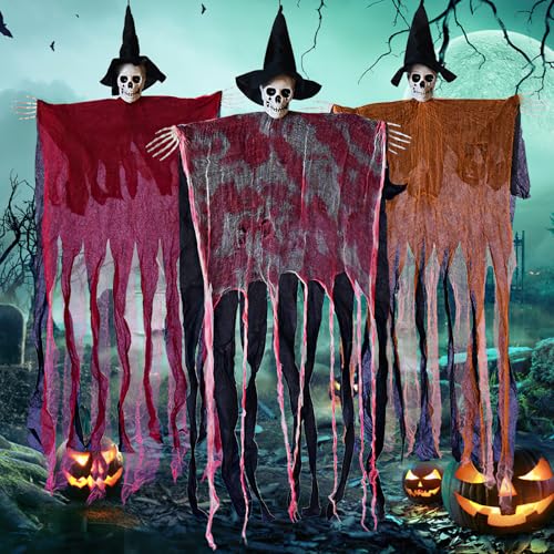 AONEGOLD 3 Pack Hanging Halloween Skeleton Ghosts Spooky Grim Reaper Decor for Outdoor Haunted House Halloween Party Decorations Flying Witch Props for Yard Indoor Scary Displays Gift.