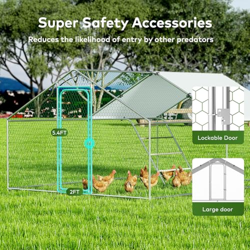 Large Metal Chicken Coop with Waterproof and UV-Resistant Cover,Chicken Run Outdoor Walk-in Cage Rabbit Duck Hen House for Yard Farm Use Dome Roof(10’ W x 13.2’ L x 6.4’ H)