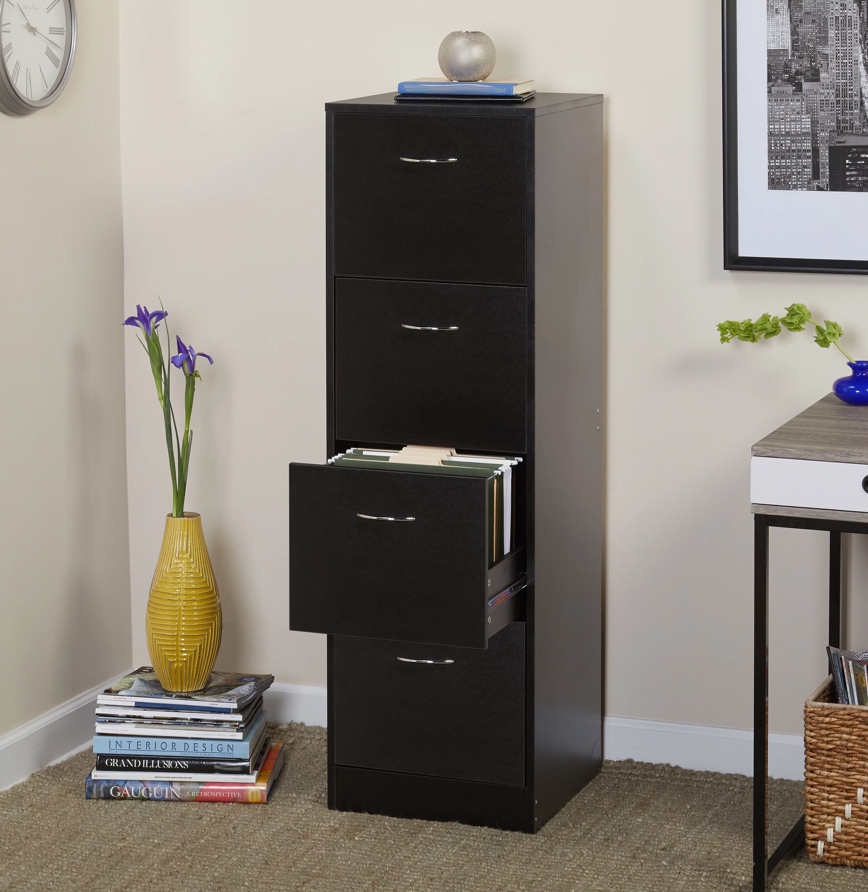 Wilson 4 Drawer Wood Vertical Lockable Filing Cabinet, Black