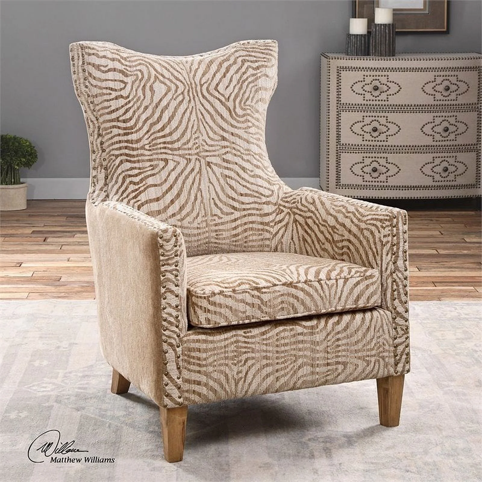 Bowery Hill Traditional Fabric/Wood Animal Pattern Armchair in Brown