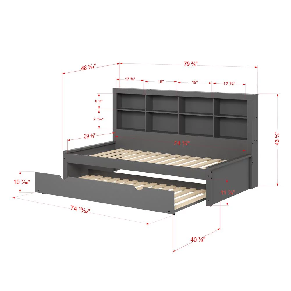 Twin Bookcase Day Bed in Dark Grey