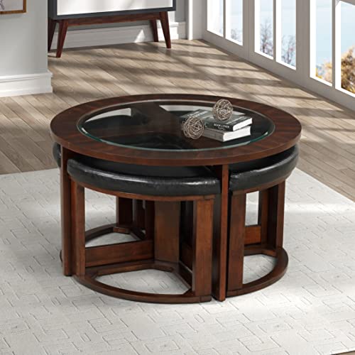 Roundhill Furniture Cylina Solid Wood Glass Top Round Coffee Table with 4 Stools, Espresso