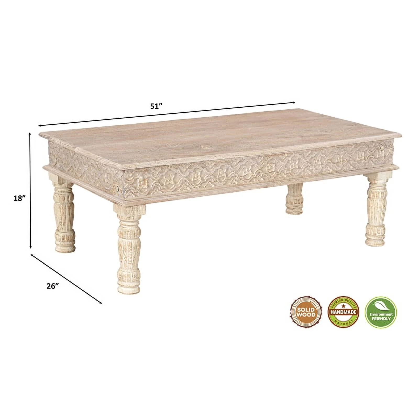 Taran Designs Milton Carved Solid Wood Coffee Table in White