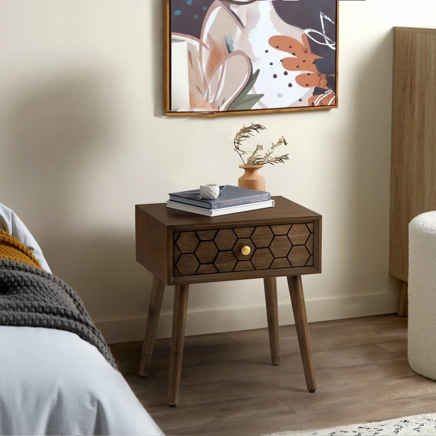 COSIEST Mid-Century Nightstand Brown Modern MDF Bedside Table Wood Accent End Table with Drawer