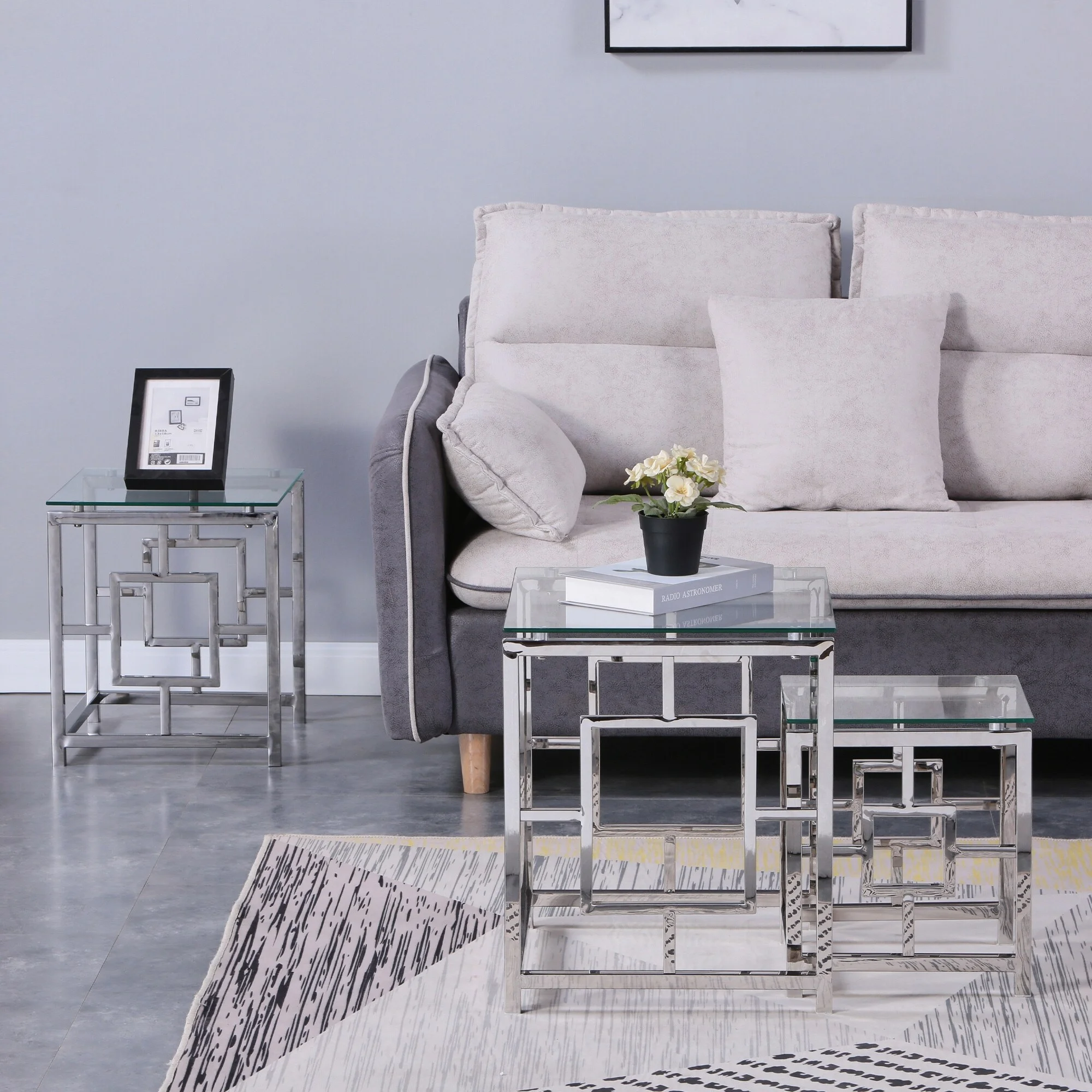 ANDEONLINE IN Set of 3 Metal Nesting Tables Glass End Tables