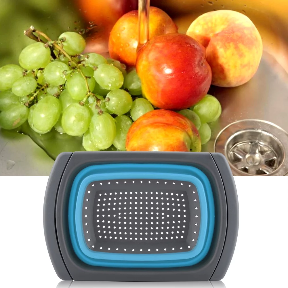 Cesta de drenaje plegable, Cesta de drenaje retráctil plegable de silicona, Colador de pasta para utensilios de cocina(Azul)