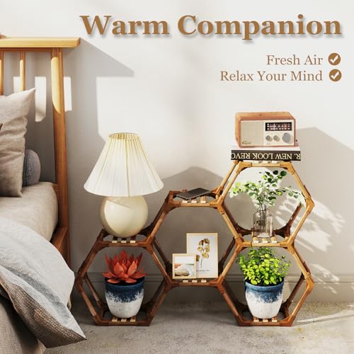 Tikea Plant Stand Indoor Hexagonal Plant Stand for Multiple Plants Indoor Outdoor Large Wooden Plant Shelf Creative DIY 6 Tiered Flowers Stand Rack for Living Room Balcony Patio Window