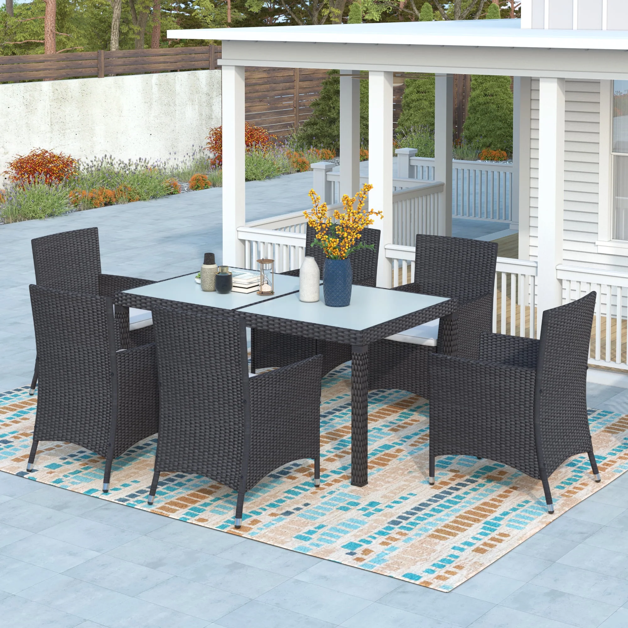 Outdoor PE Rattan Wicker Dining Table Set, Patio Dining Furniture Wicker Rattan Dining Table Set of 7 , Dining Set with 6 Chairs in Beige Cushions, Black