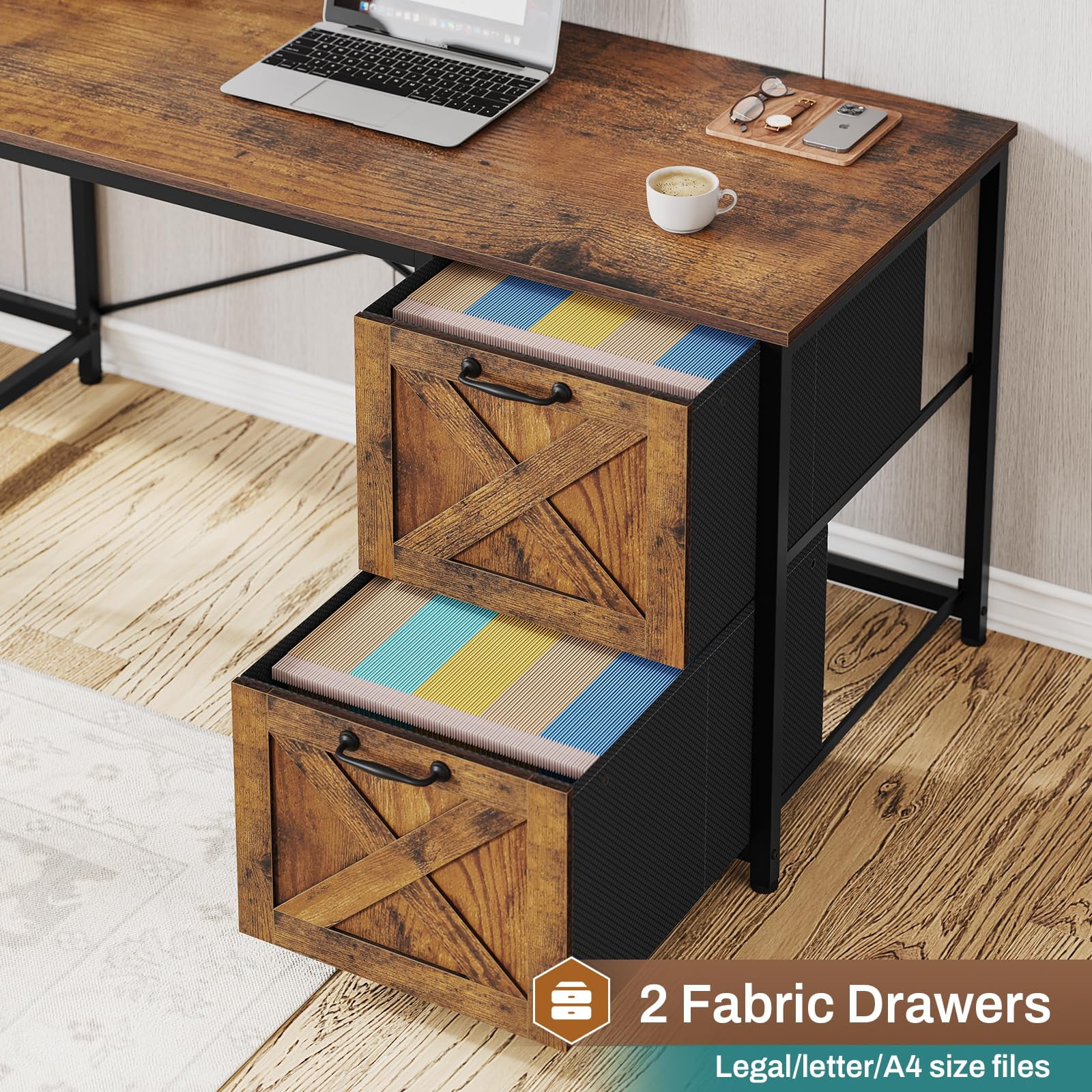 L Shaped Desk with Fabric Drawers and Power Outlet, Home Office Desk with LED Lights, Rustic Brown