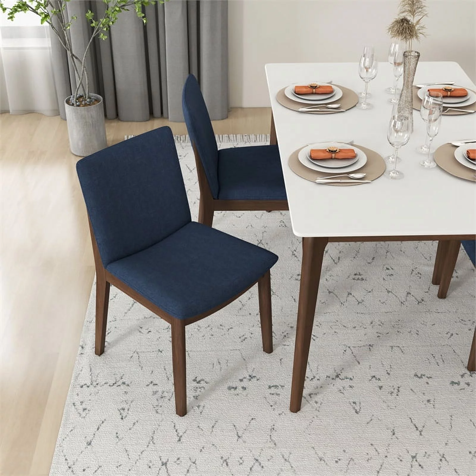 Pemberly Row Mid-Century Modern Fabric Dining Chair in Navy Blue (Set of 2)