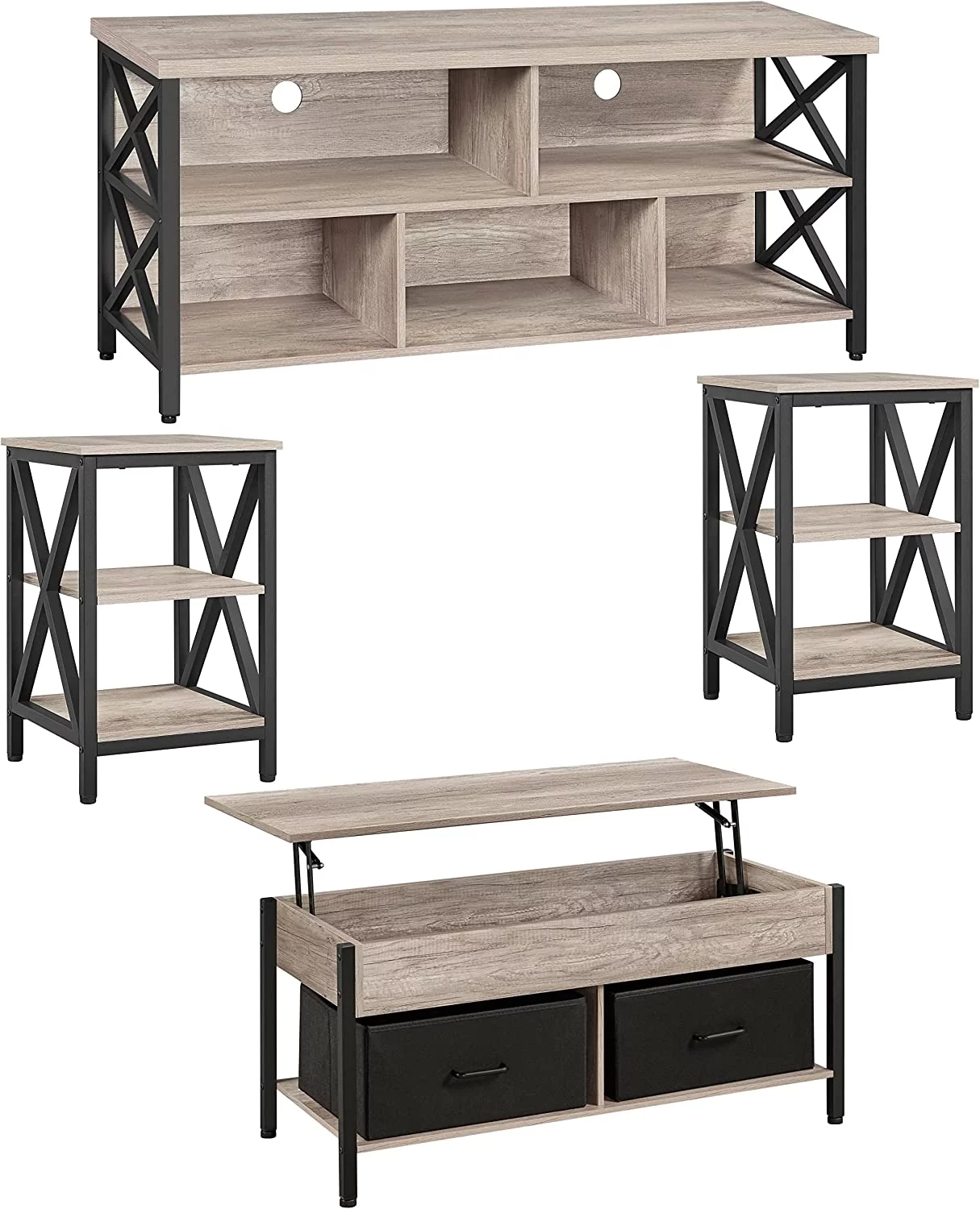 4 Pieces Living Room [Table] Sets - Includes Stand with 5 Hidden [Storage Space and Baskets Compartments for 65 In [TV], Lift-top Coffee [Table], 2 Set End Side [Table] for Home, Gray