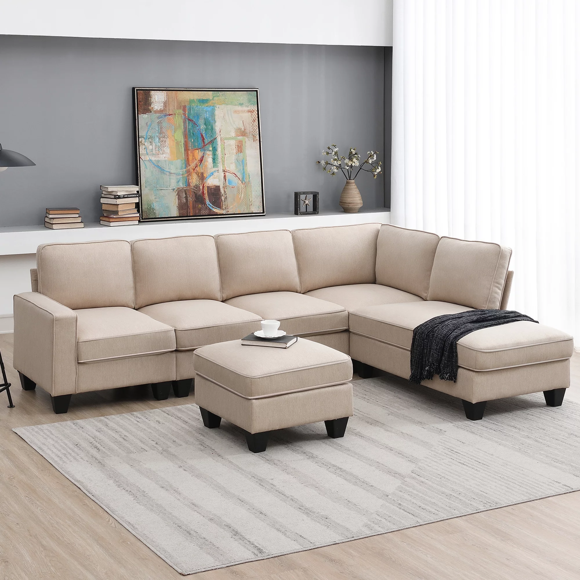 Euroco Modern L-Shaped Sofa 7-Seat Sectional Couch Set with Chaise Lounge and Ottoman for Living Room, Apartment, Office, Khaki, 104