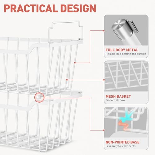 Goovilla Freezer Organizer Bins with Foldable Handle, 4 Pack Stackable Freezer Baskets for 3.5-7 Cu.FT Deep Chest Freezer Organization, Coated Metal Freezer Storage Bins with Better Space Utilization