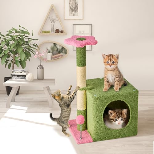 55 Inch Large Cat Tree Tower for Indoor Cats with Hammock Green Leaves Sisal Scratching Post, Plush Hang Ball Play Furniture for Kittens & Adult Cats, Green