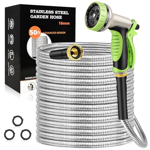 GOXAWEE Garden Hose 50FT, Stainless Steel Heavy Duty Water Hose With 10 Function Nozzle, No-Kink, Tough & Flexible, Sturdy and Lightweight, Rust Proof for Yard, Outdoor, RV