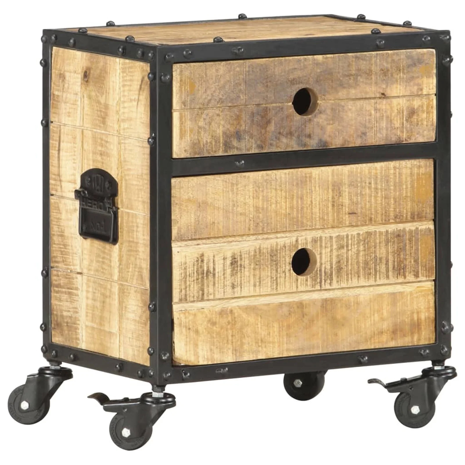 Anself Bedside Cabinet with 2 Storage Drawer and Wheels Rough Mango Wood Sofa End Side Table Nightstand for Living Room, Bedroom, Home Furniture 15.7 x 11.8 x 19.7 Inches (L x W x H)