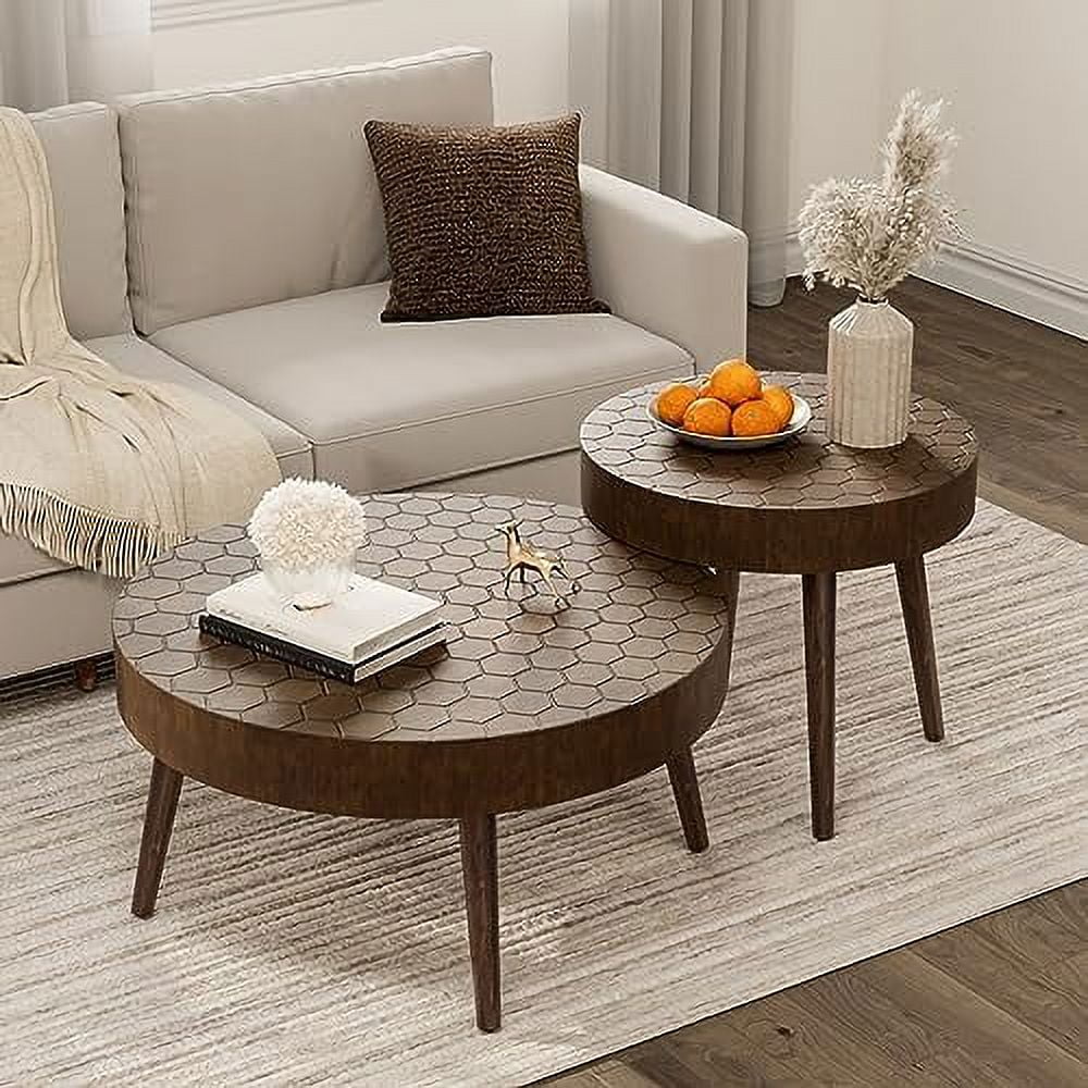 YZboomLife 2 Piece Round Coffee Table Set  Modern Nesting Table with Handcrafted Wood Ring Motif  Farmhouse Wood End Table for Living Room