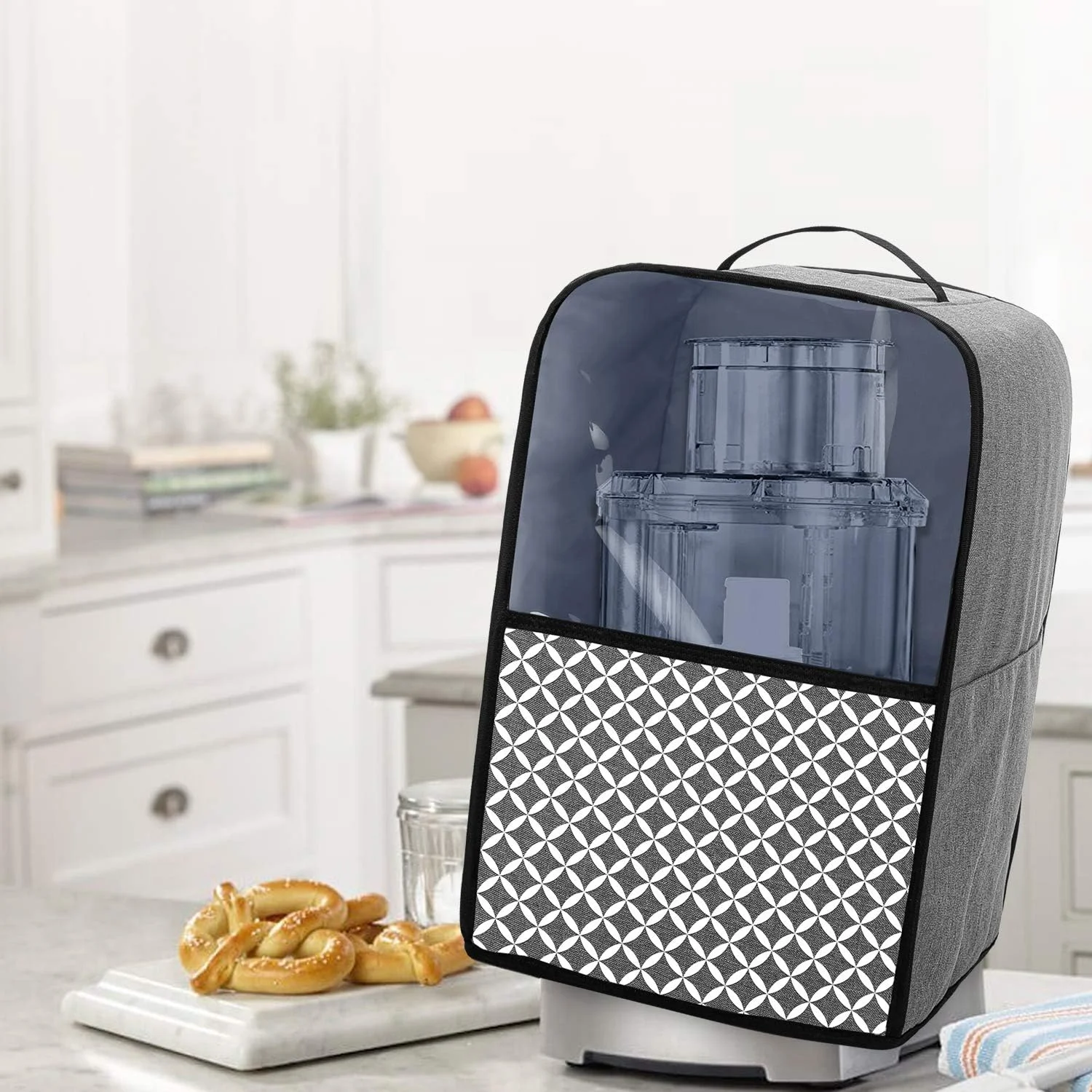 Yarwo Food Processor Dust Cover with Pockets and Top Handle, Compatible with Hamilton Beach, Cuisinart 11-14 Cup Food Processor, Gray with Grid (Cover Only, Patent Pending)