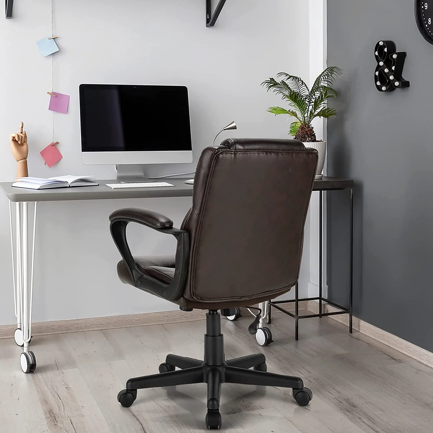 HJZBNONE Office Chair  Leather Modern Executive Chair  Ergonomic Mid Back Computer Desk Chair w/Padded Armrests  Height Adjustable Swivel Task Chair w/Rocking   Dark Brown