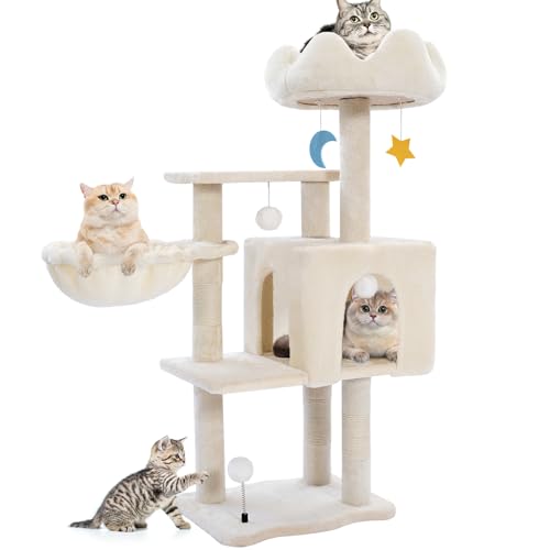 Cat Tree Tower with Metal Frame Hammock, 40'' Cat Trees for Indoor Cats Large Adult, Cat Towers with Scratching Post, Cats Condo Furniture with Cloud Top Perch, Cats Climbing Tower for Kittens(White)