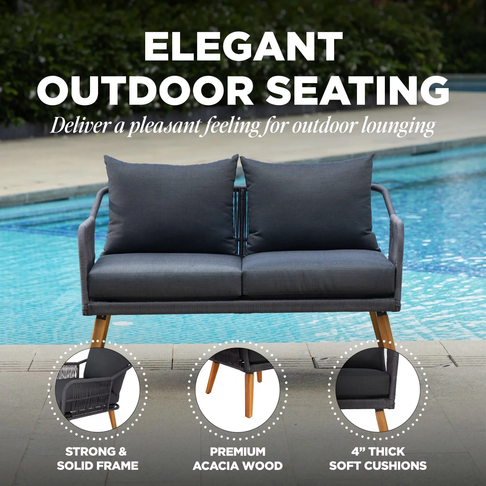 Aile Serene Wood Wicker Patio Conversation Set of 4, Thick Soft Cushions (Obsidian)