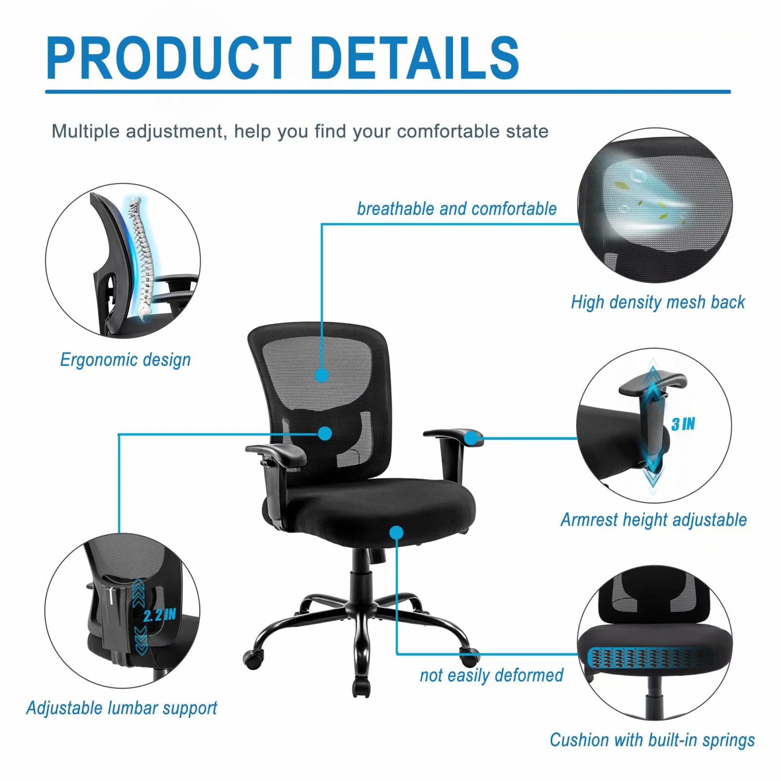 Home Office Chair, 8Hours Heavy Duty Design, Ergonomic Mid Back Cushion Lumbar Back Support, Computer Desk Chair, Big and Tall Chair, Adjustable Mesh Chair with Arms (Black)