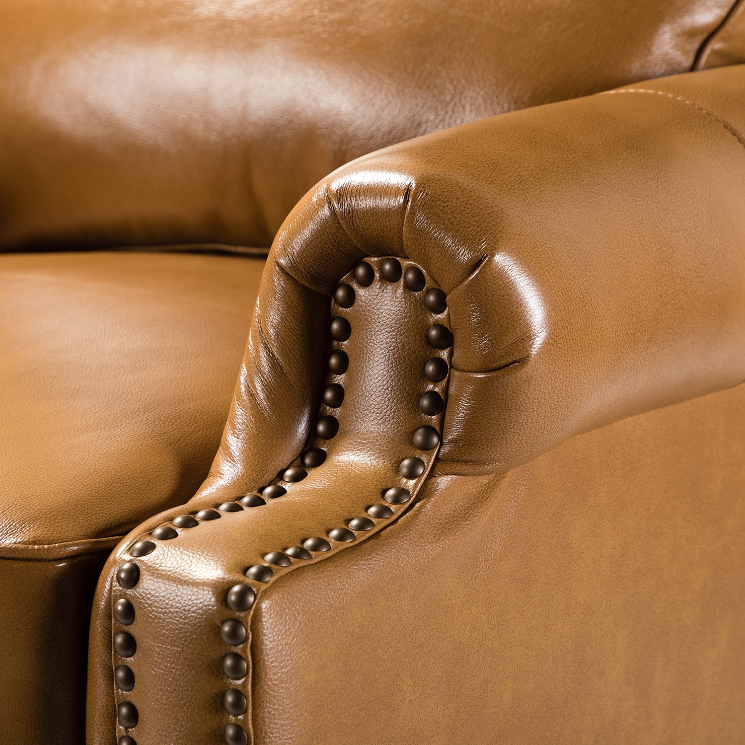 Genuine Leather Recliner Chair Mid-century Modern Wood Legs Nailhead Trim Armchair Living Room Office Camel