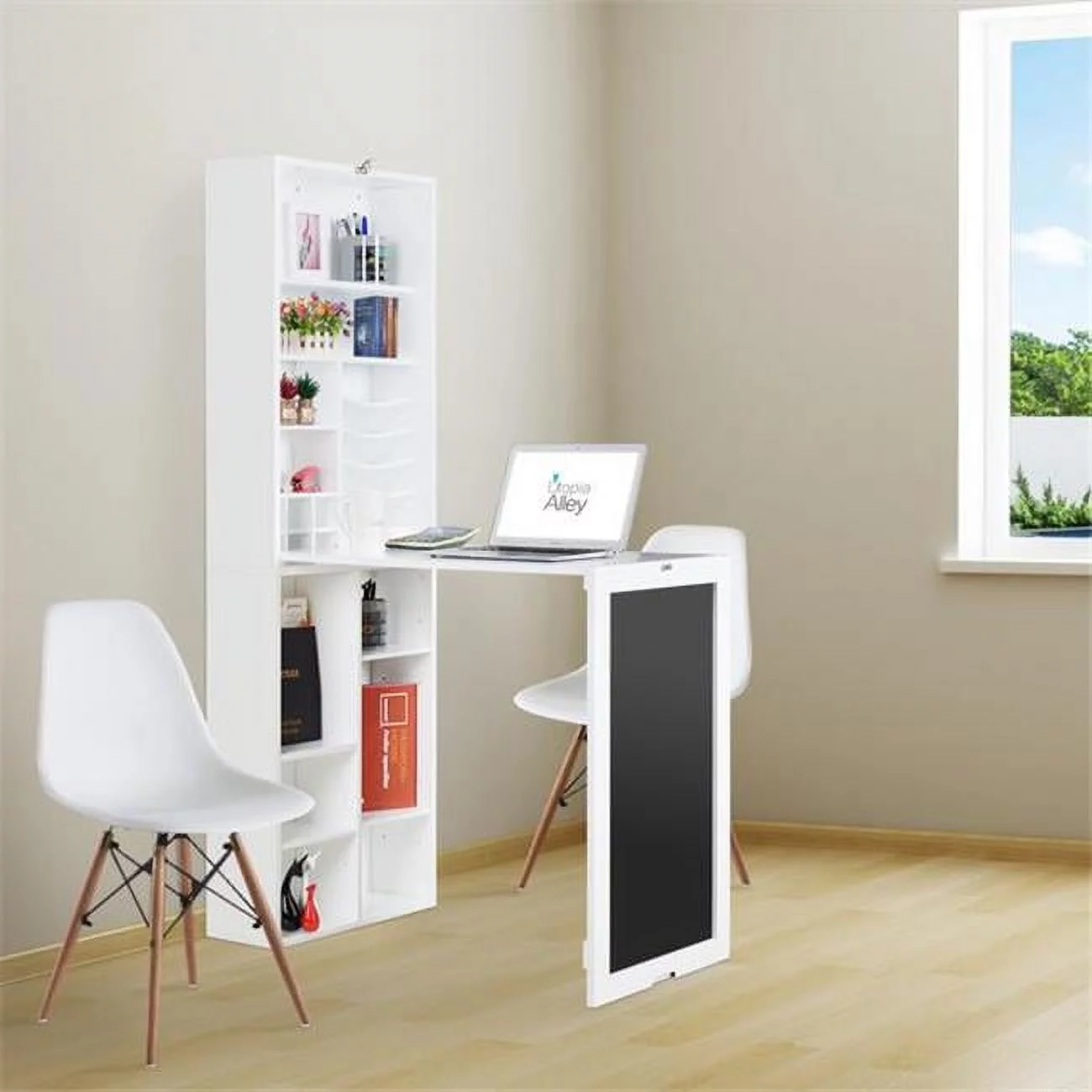 Utopia Alley SH3WW Collapsible Fold Down Desk Table & Wall Cabinet with Chalkboard & Bottom Shelf, White
