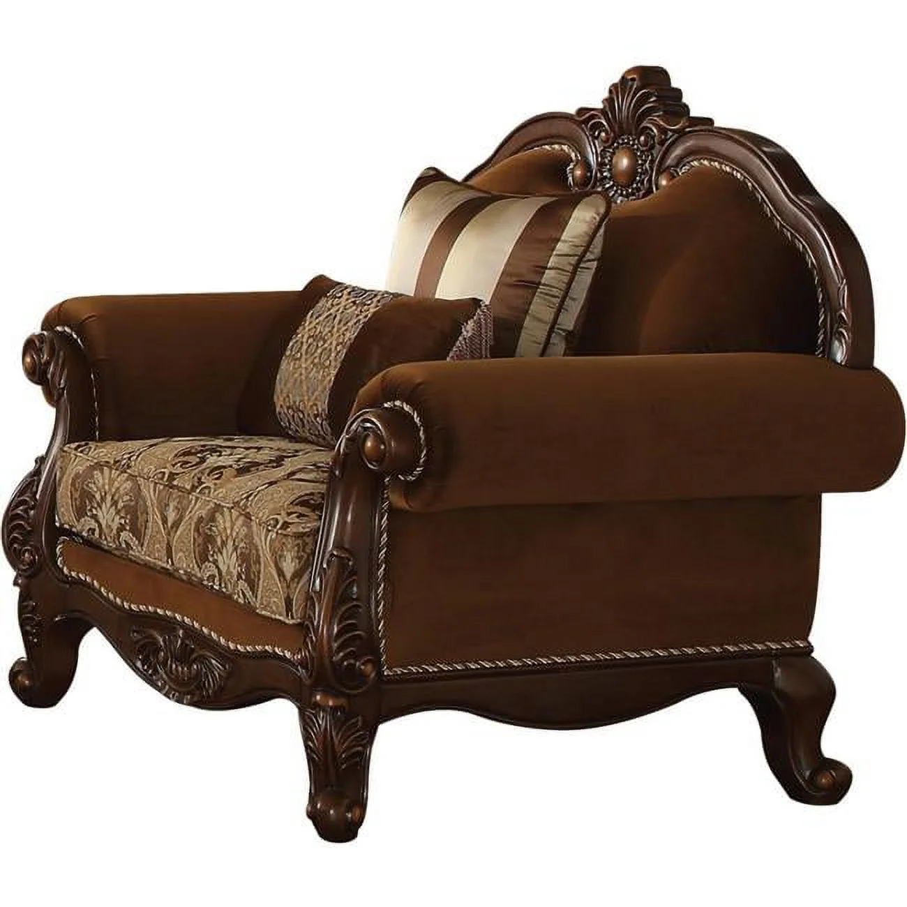ACME 50657 Jardena Chair with 2 Pillows - Fabric & Cherry Oak - 44 x 48 x 37 in.